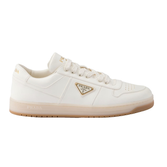 Prada Downtown Ivory Nappa Leather Gold Logo Flat Low Top Trainer Sneaker 41 - Picture 1 of 16